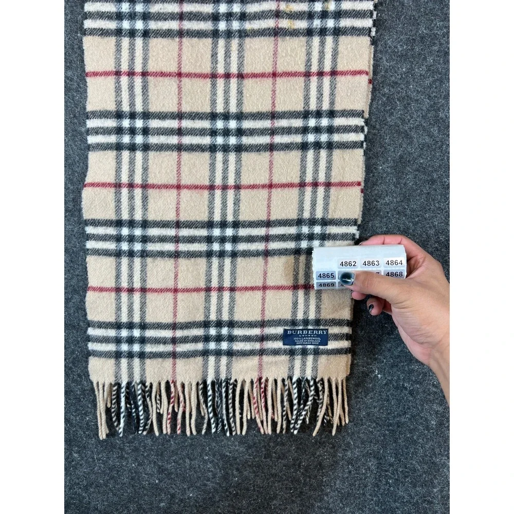Burberry London Lambswool Scarf Womens Beige Tan Plaid Fringed Winter Preppy